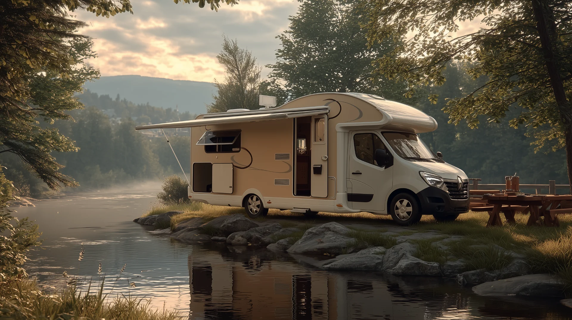 Wohnmobil am Flussufer