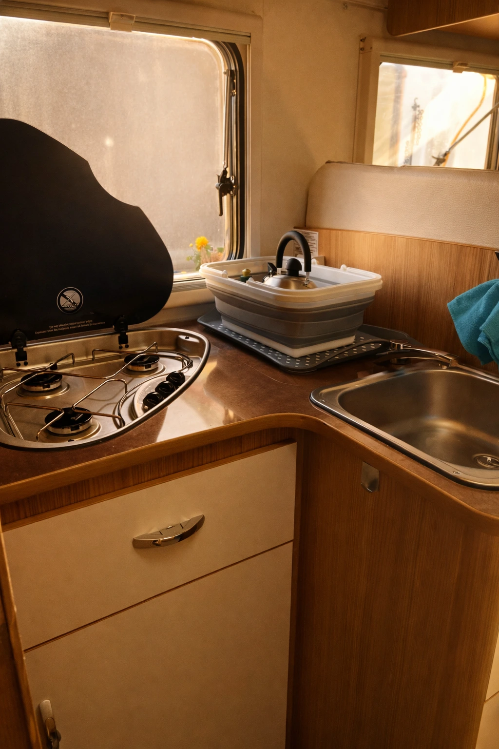 Küche im Wohnmobil Karl-Friedrich II mit Herd und Kühlschrank